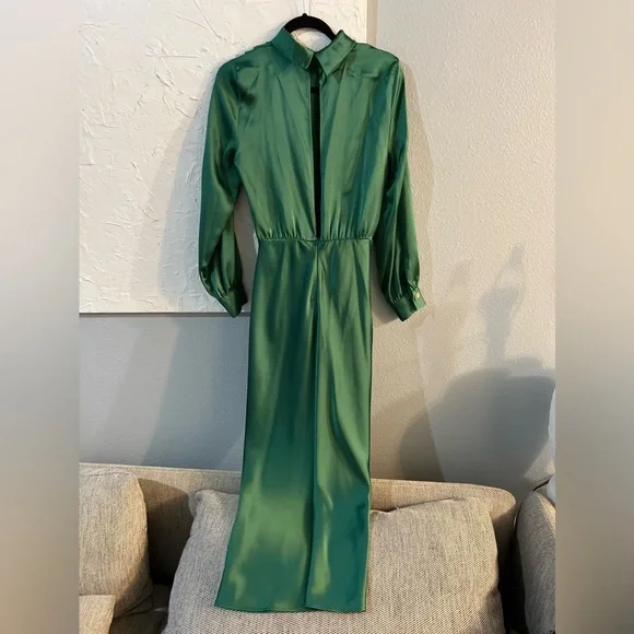 ZARA GREEN SATIN MIDI DRESS - Picture 7 of 10